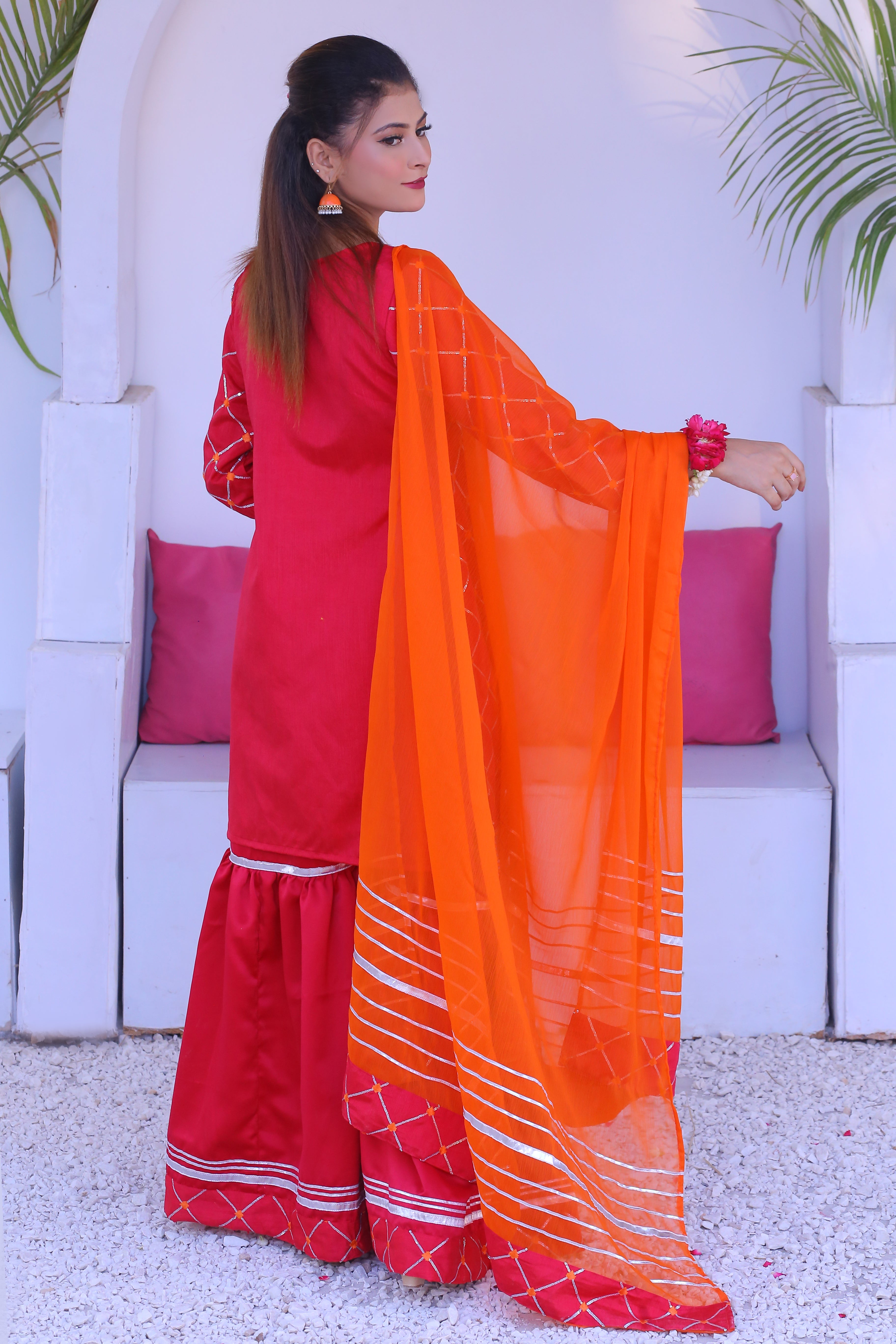 3 piece Stunning Shocking Pink Silver Embroidery Raw Silk Gharara Suit with Orange Chiffon Dupatta & Silver Laces.(Stitch)