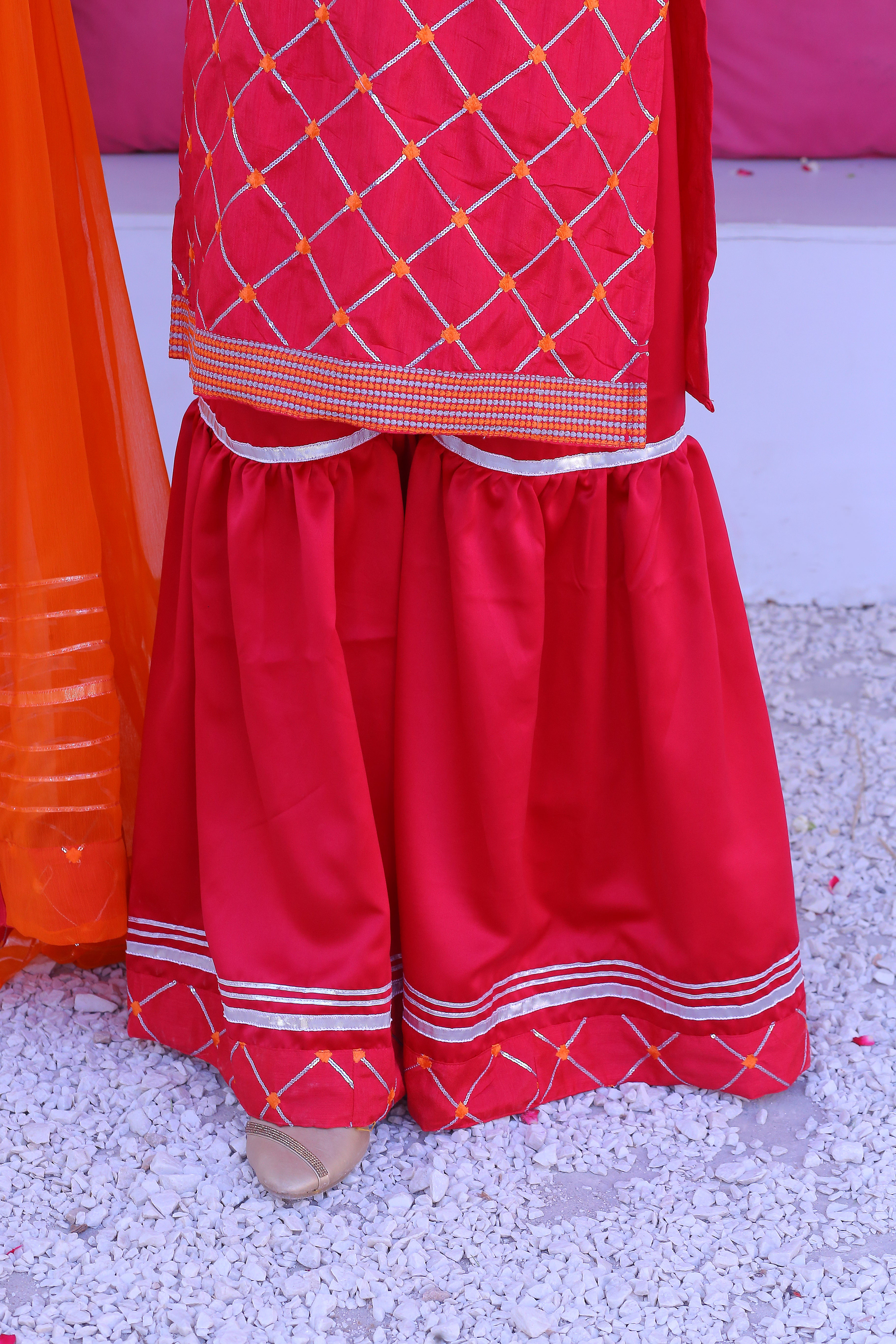 3 piece Stunning Shocking Pink Silver Embroidery Raw Silk Gharara Suit with Orange Chiffon Dupatta & Silver Laces.(Stitch)