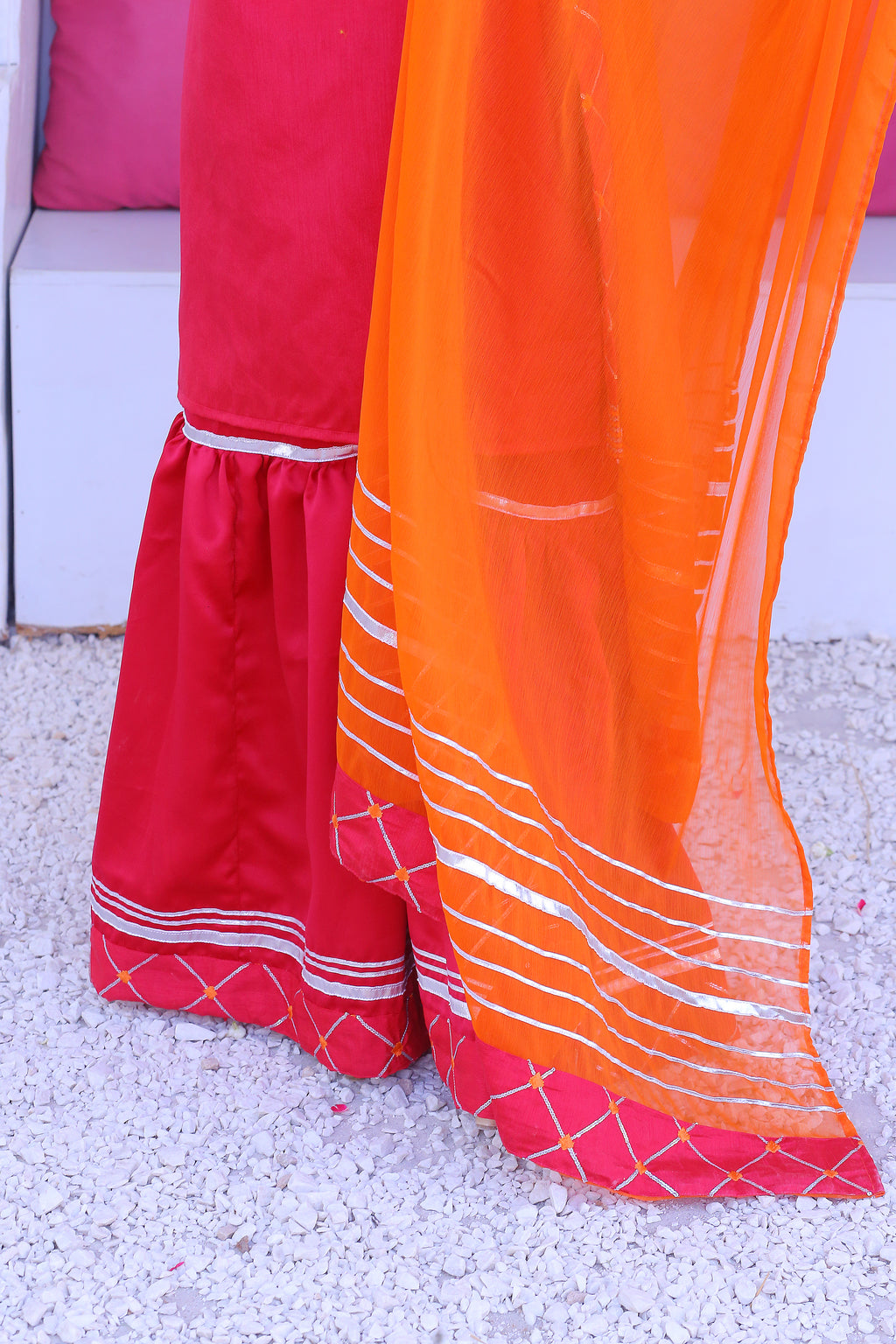 3 piece Stunning Shocking Pink Silver Embroidery Raw Silk Gharara Suit with Orange Chiffon Dupatta & Silver Laces.(Stitch)