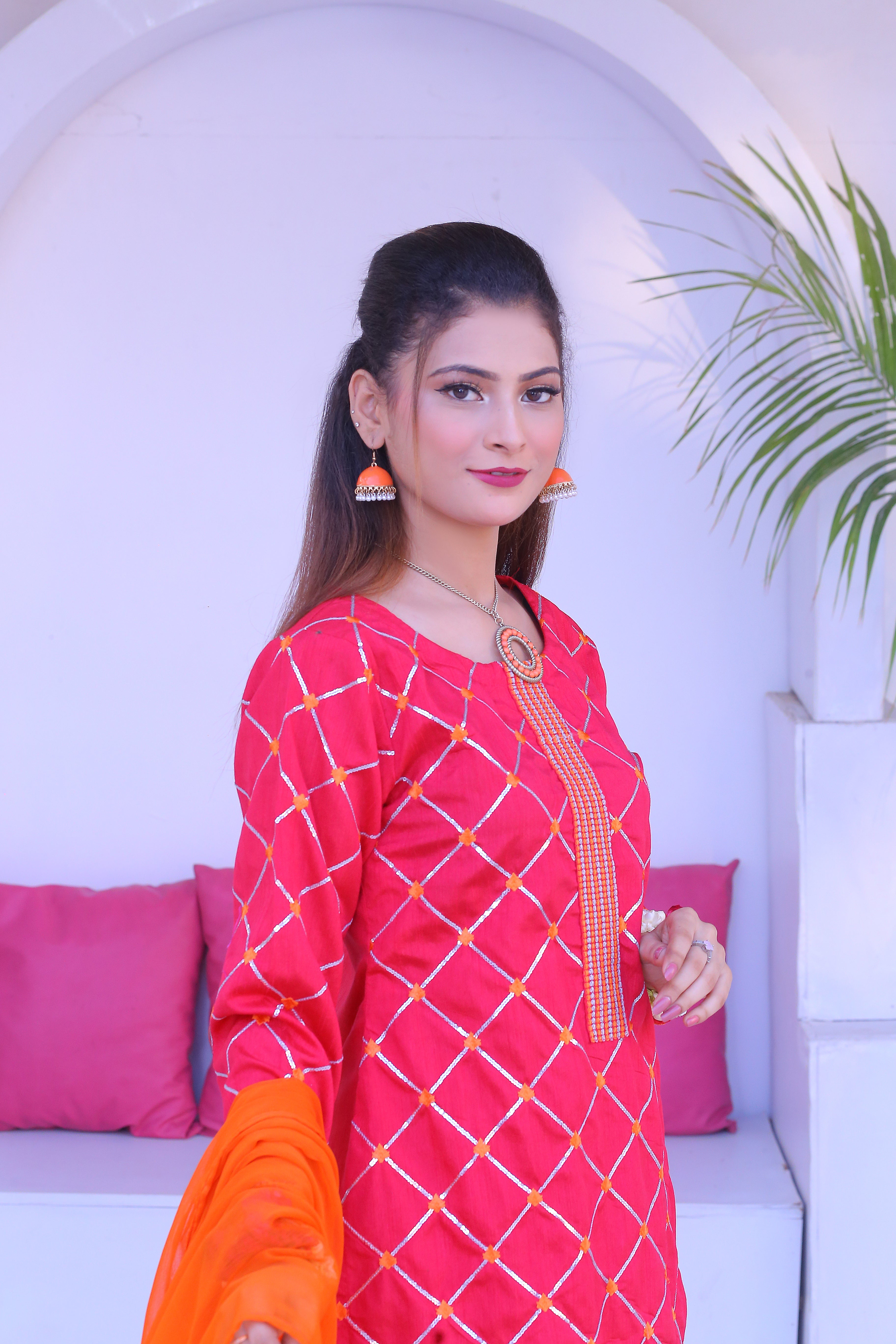 3 piece Stunning Shocking Pink Silver Embroidery Raw Silk Gharara Suit with Orange Chiffon Dupatta & Silver Laces.(Stitch)