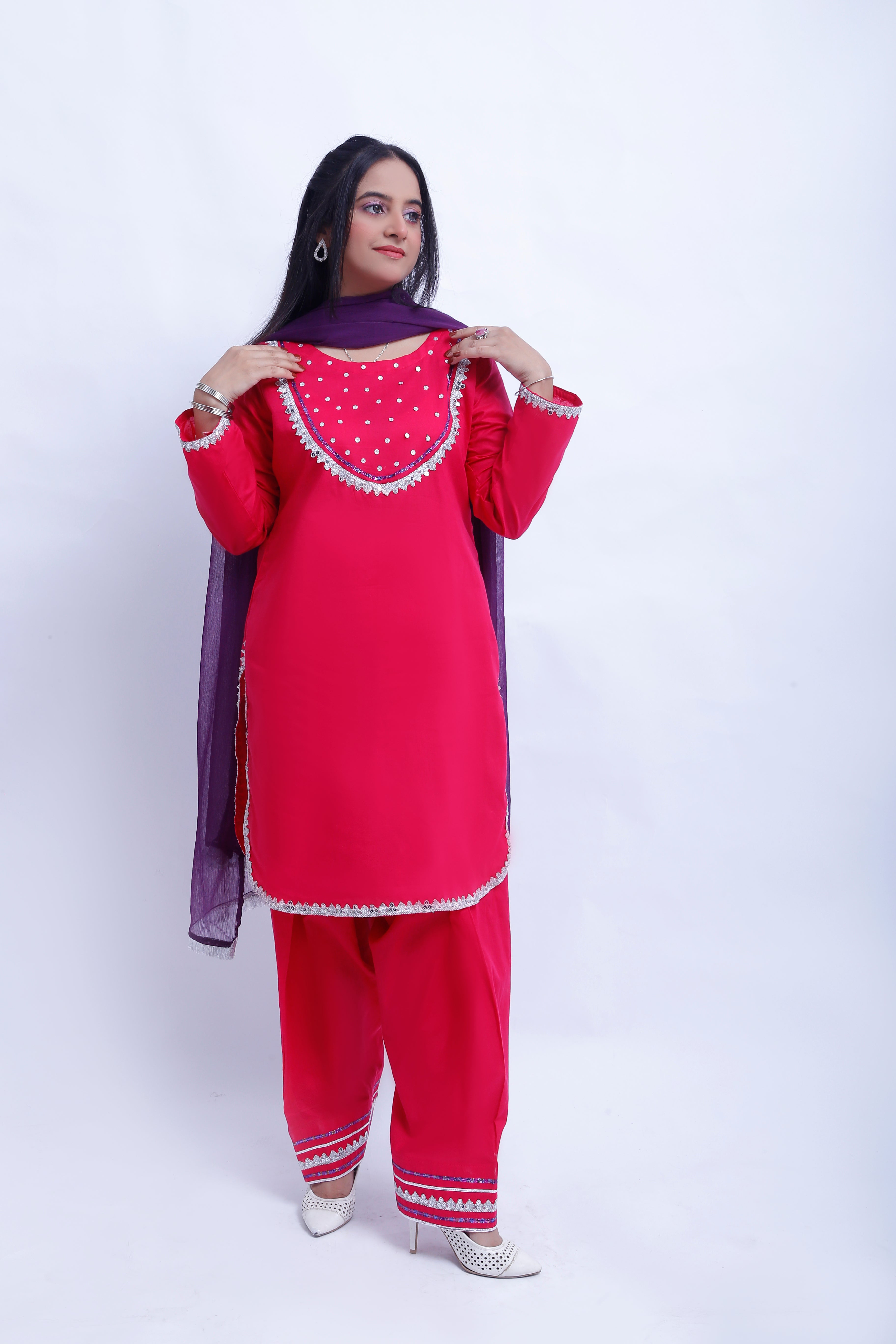 3 piece Elegant Shocking Pink Cotton Farshi Shalwar Kameez Suit with Silver & Purple Laces & Purple Chiffon Dupatta. (Stitch)