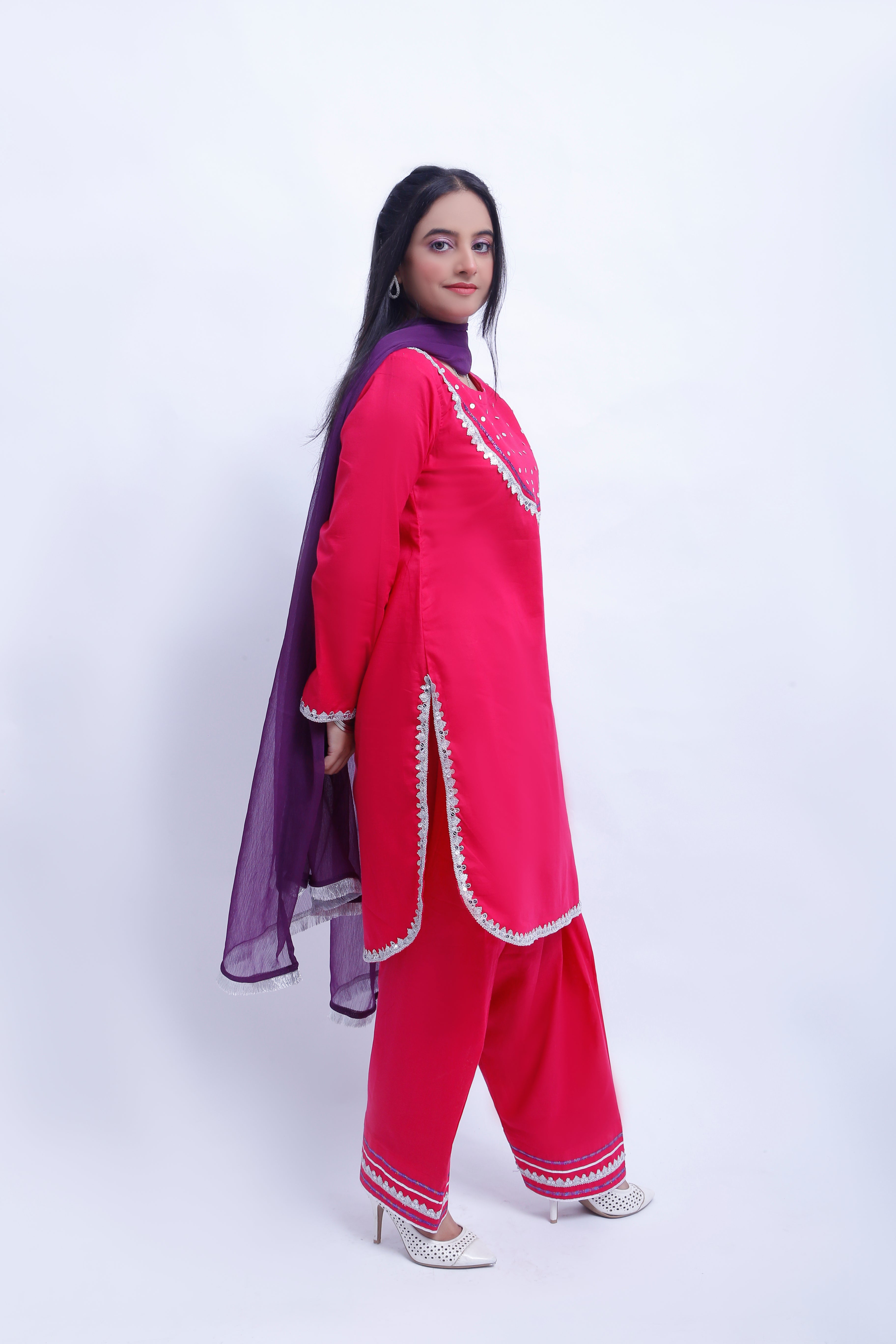 3 piece Elegant Shocking Pink Cotton Farshi Shalwar Kameez Suit with Silver & Purple Laces & Purple Chiffon Dupatta. (Stitch)