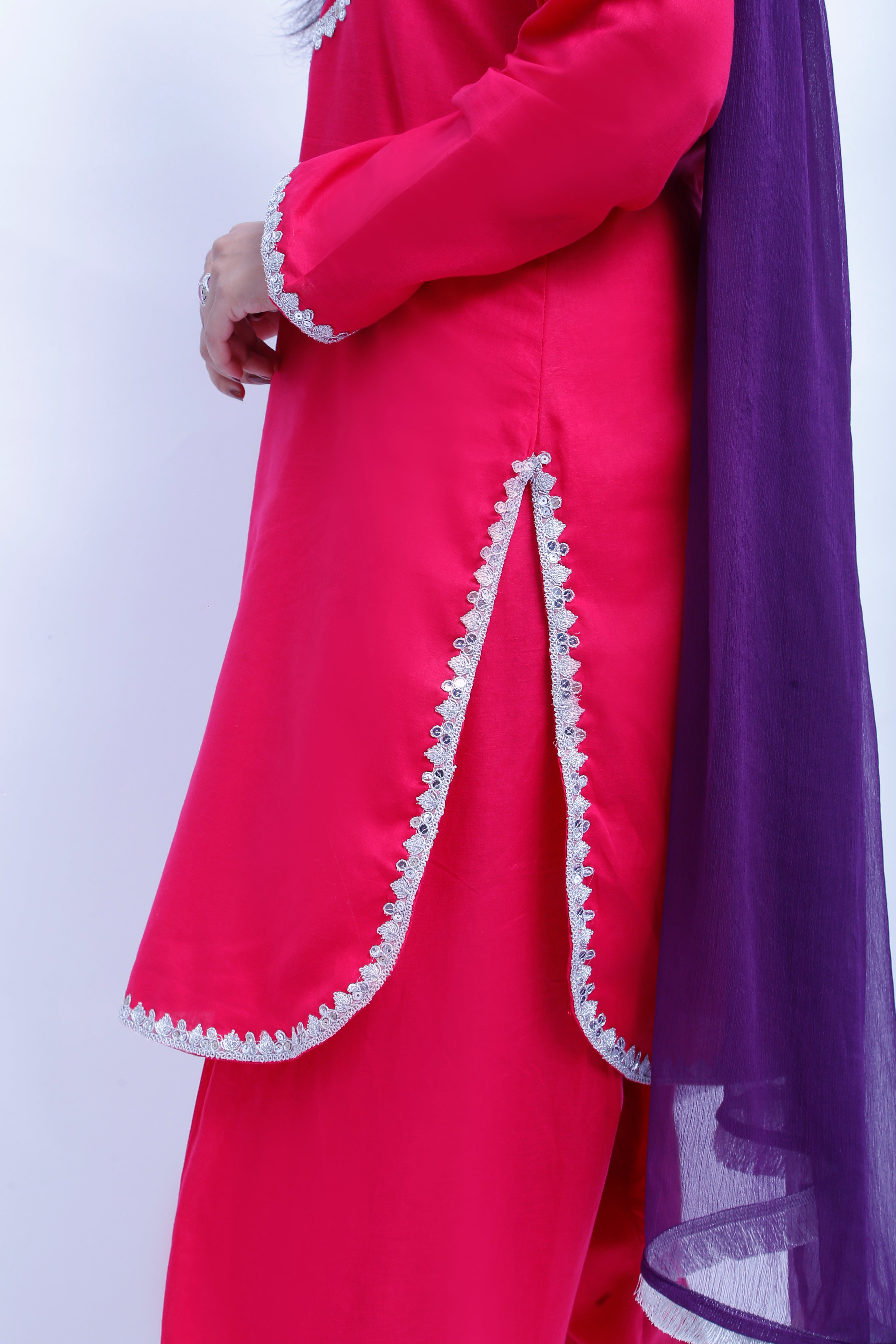 3 piece Elegant Shocking Pink Cotton Farshi Shalwar Kameez Suit with Silver & Purple Laces & Purple Chiffon Dupatta. (Stitch)