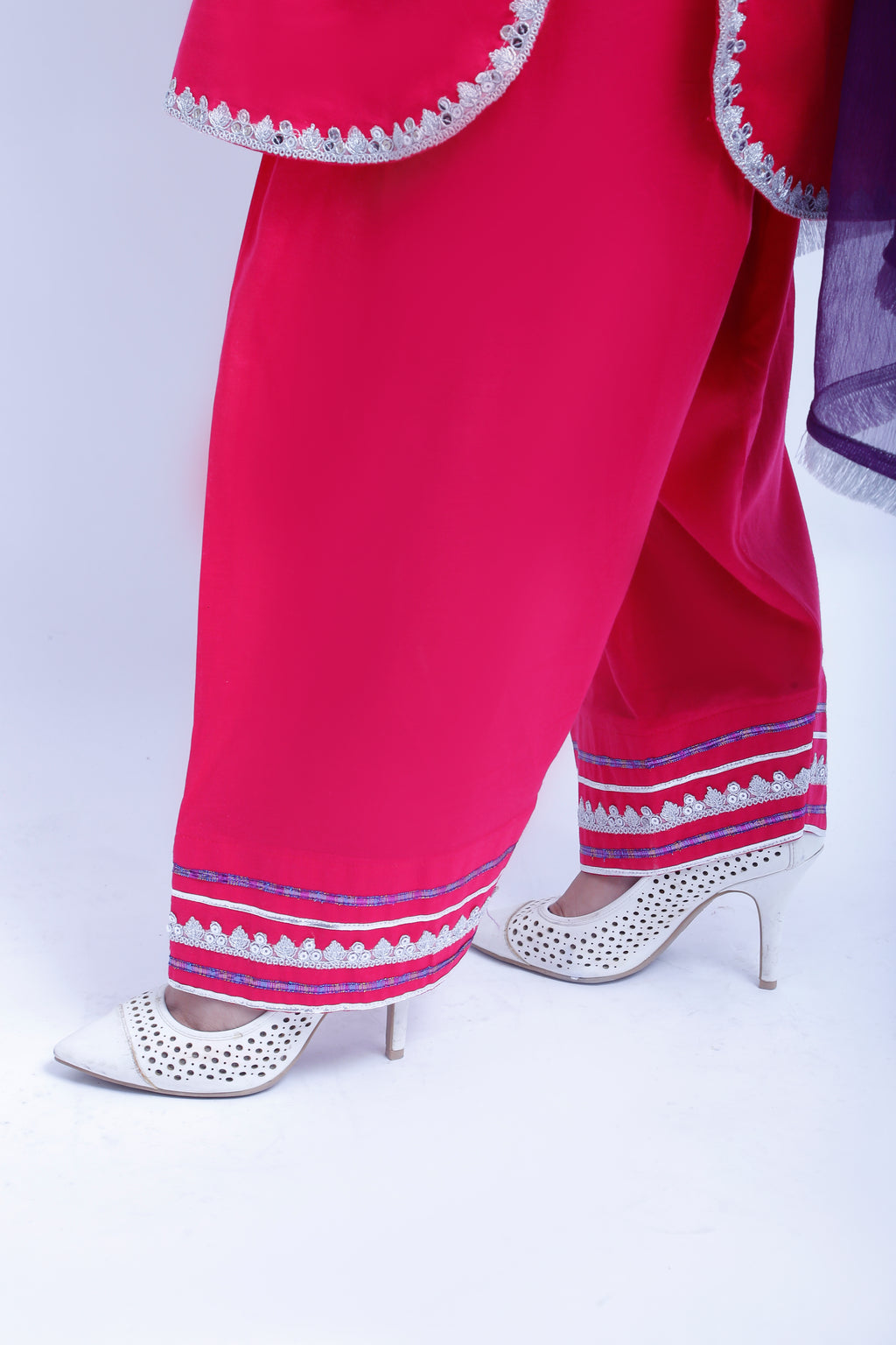 3 piece Elegant Shocking Pink Cotton Farshi Shalwar Kameez Suit with Silver & Purple Laces & Purple Chiffon Dupatta. (Stitch)