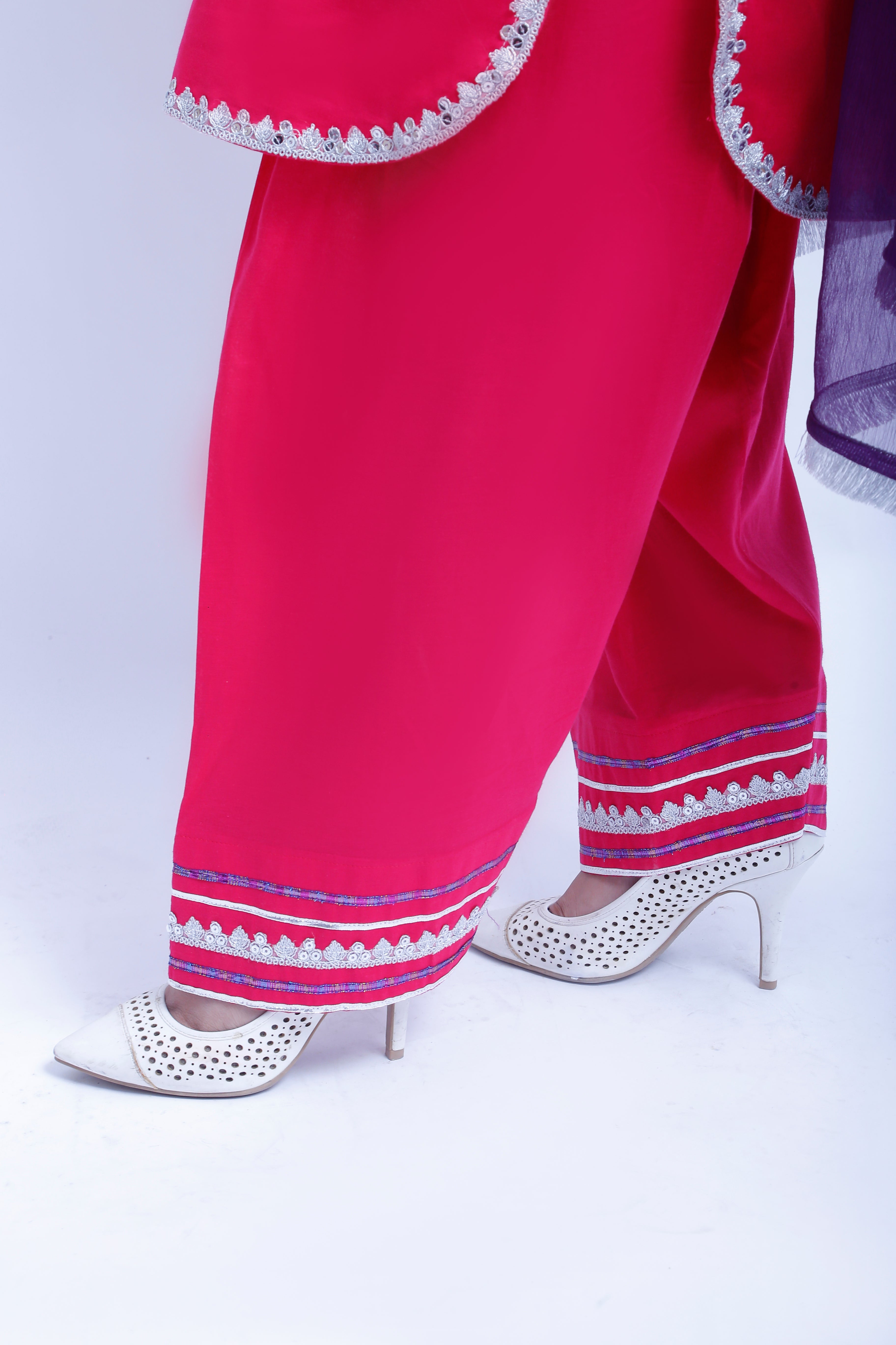 3 piece Elegant Shocking Pink Cotton Farshi Shalwar Kameez Suit with Silver & Purple Laces & Purple Chiffon Dupatta. (Stitch)
