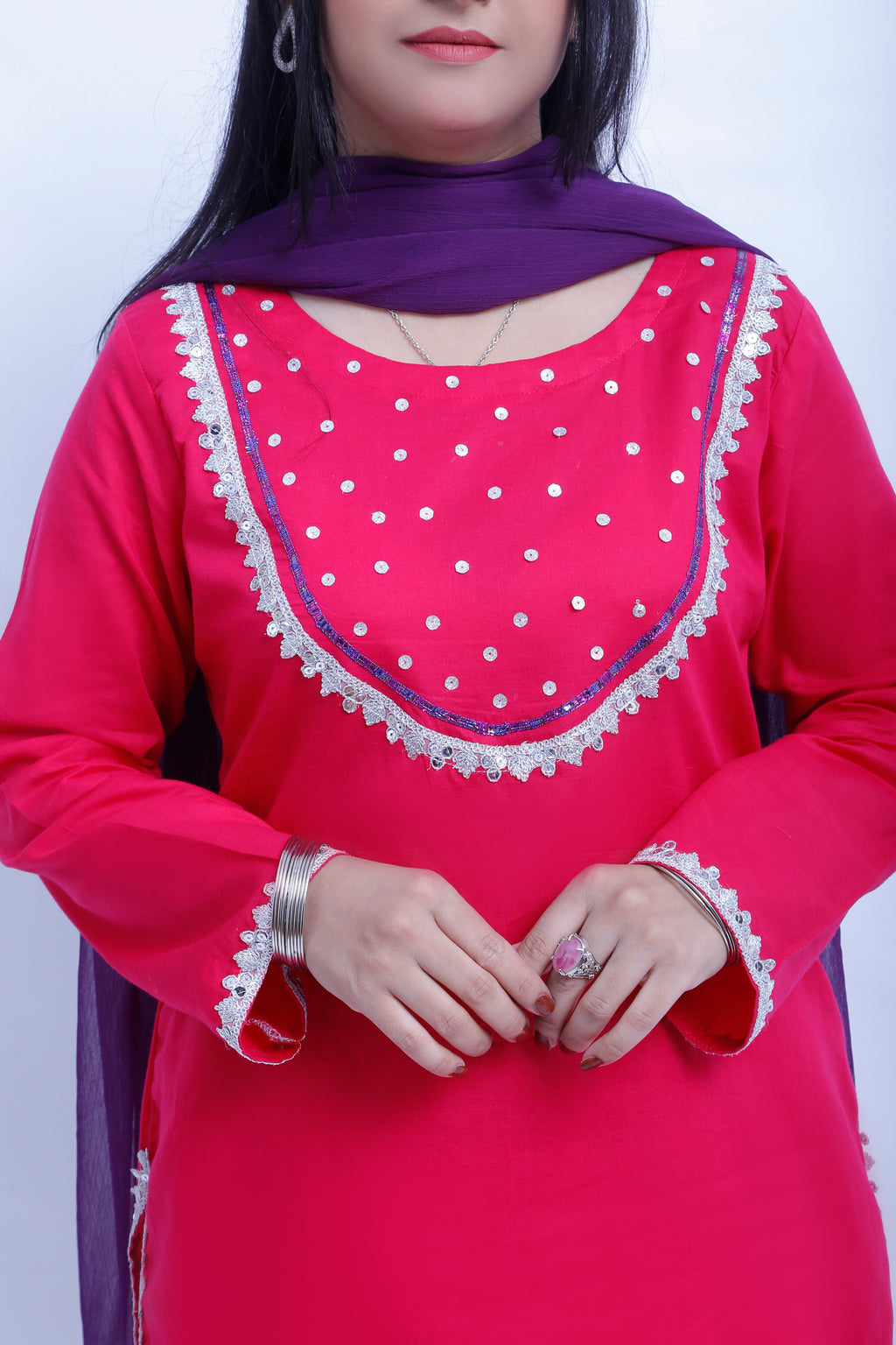 3 piece Elegant Shocking Pink Cotton Farshi Shalwar Kameez Suit with Silver & Purple Laces & Purple Chiffon Dupatta. (Stitch)