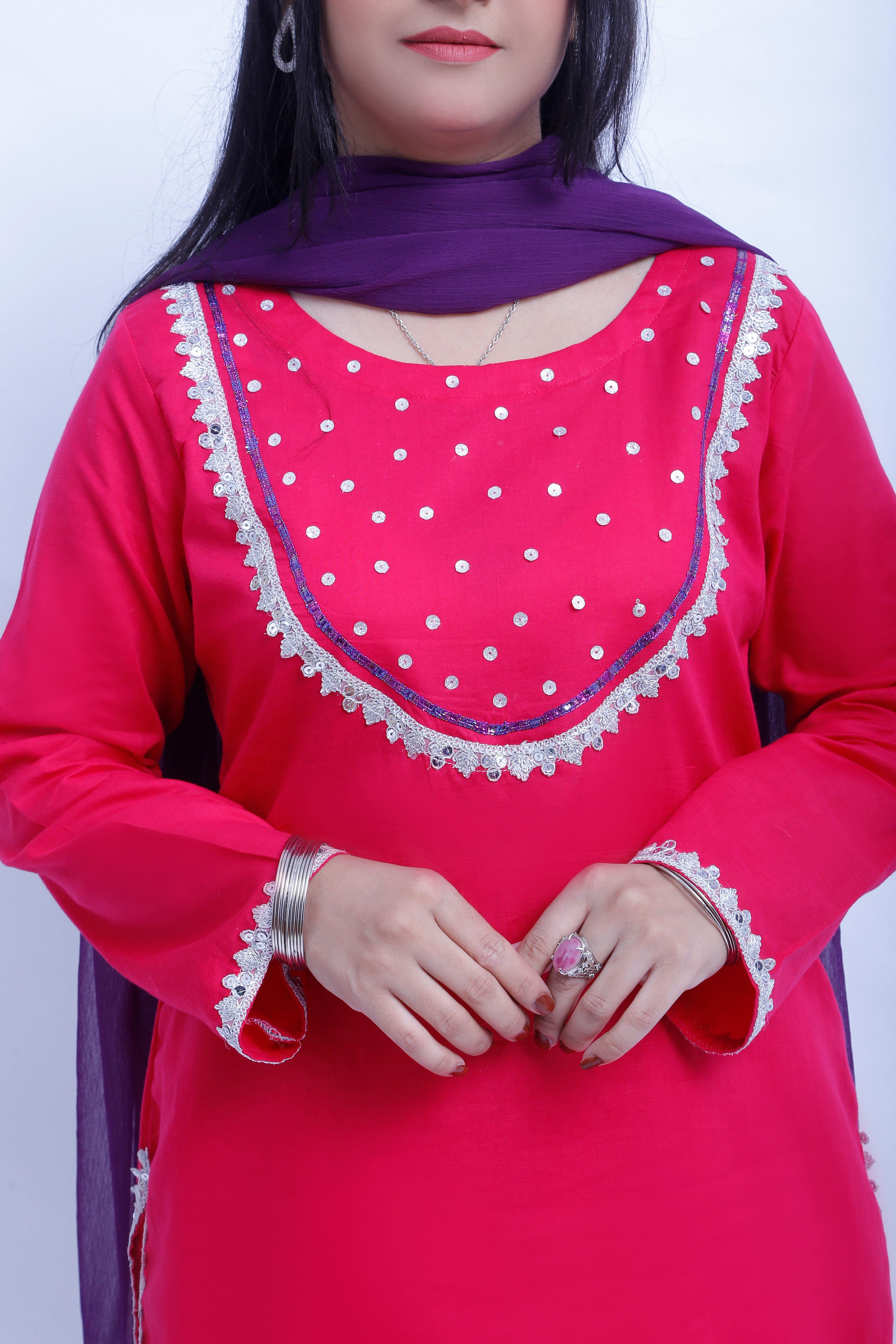 3 piece Elegant Shocking Pink Cotton Farshi Shalwar Kameez Suit with Silver & Purple Laces & Purple Chiffon Dupatta. (Stitch)