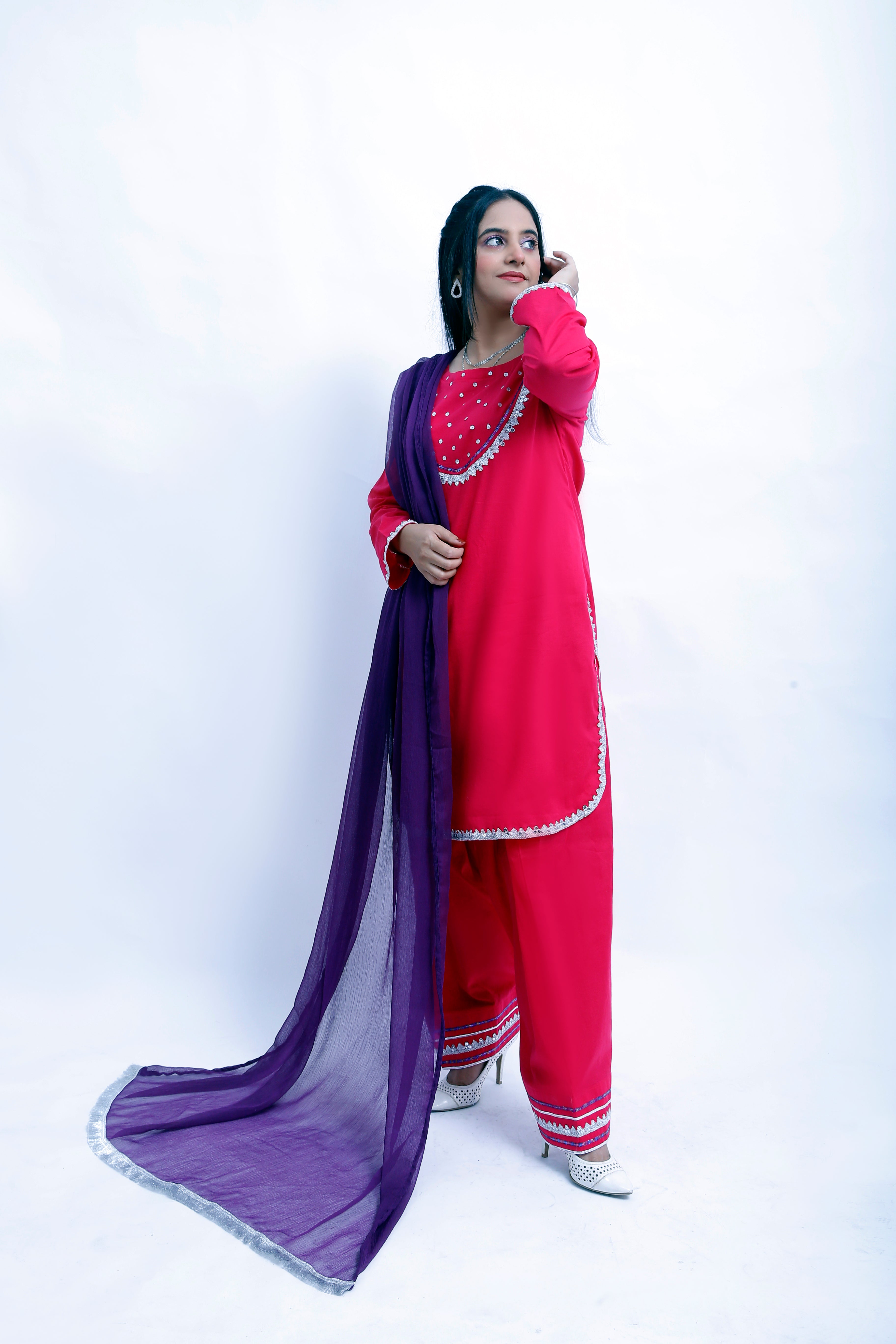 3 piece Elegant Shocking Pink Cotton Farshi Shalwar Kameez Suit with Silver & Purple Laces & Purple Chiffon Dupatta. (Stitch)