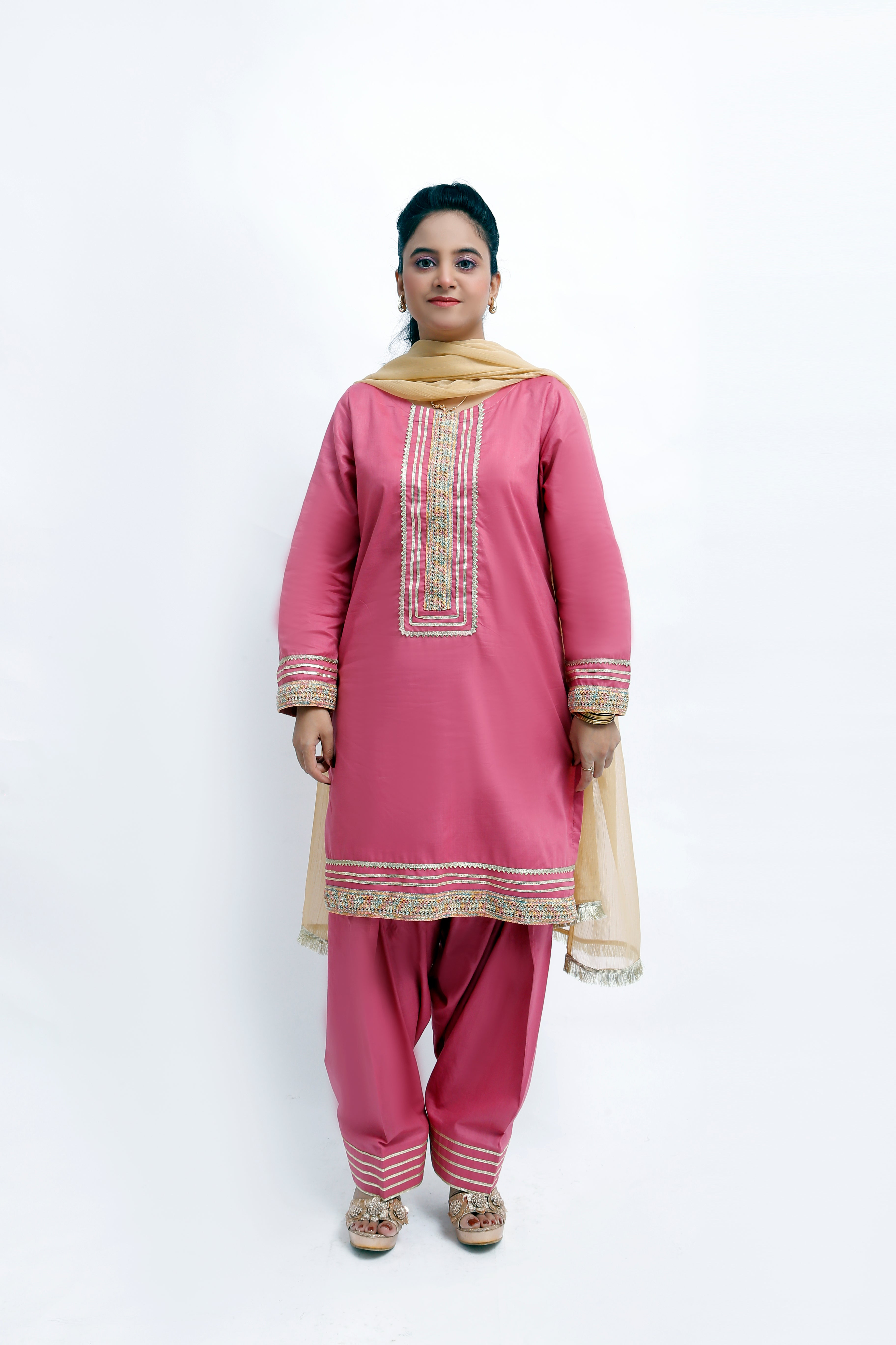 3 piece T-Pink Cotton Farshi Shalwar Kameez Suit with Multicolor & Golden Laces & Golden Chiffon Dupatta. (Stitch)