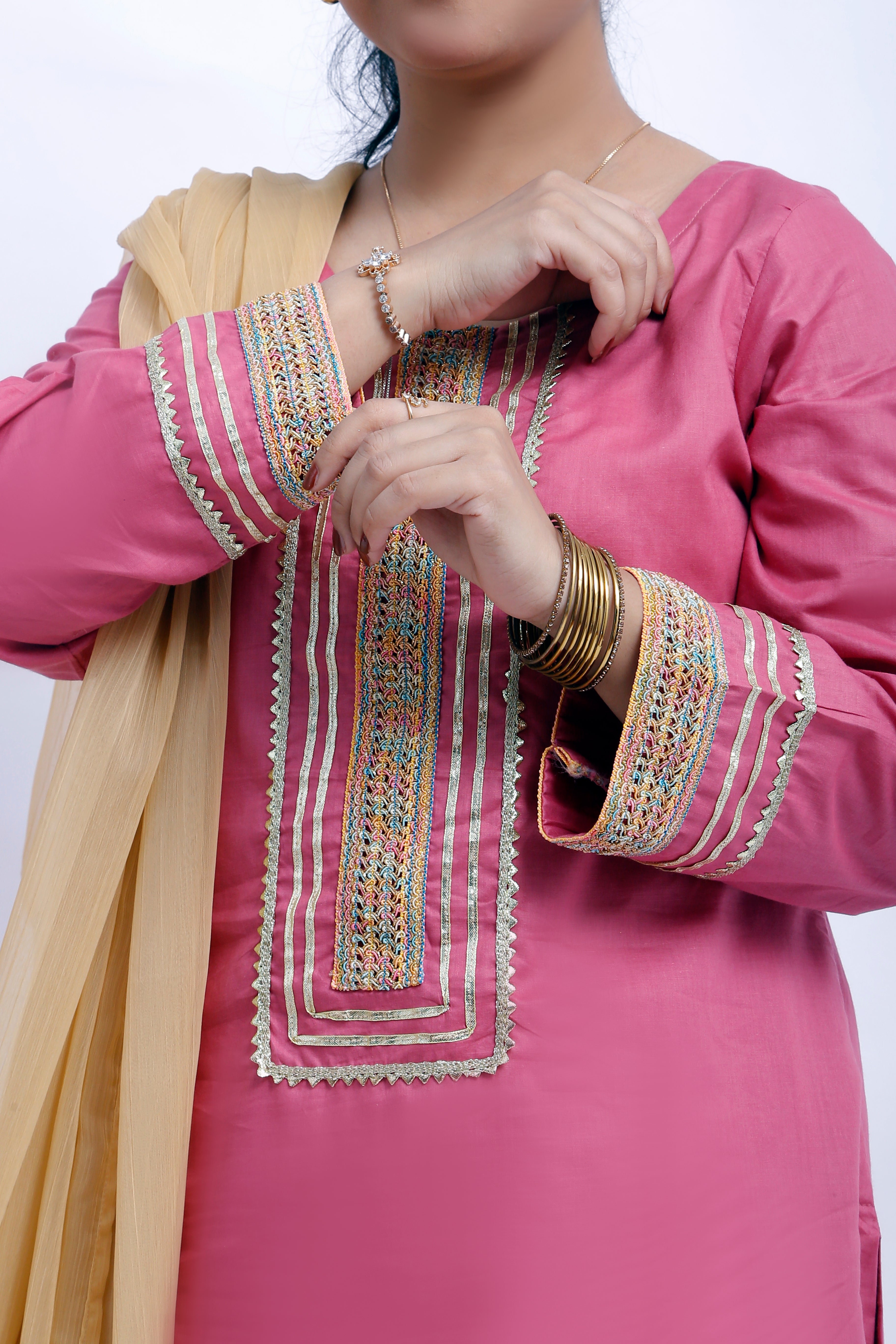 3 piece T-Pink Cotton Farshi Shalwar Kameez Suit with Multicolor & Golden Laces & Golden Chiffon Dupatta. (Stitch)