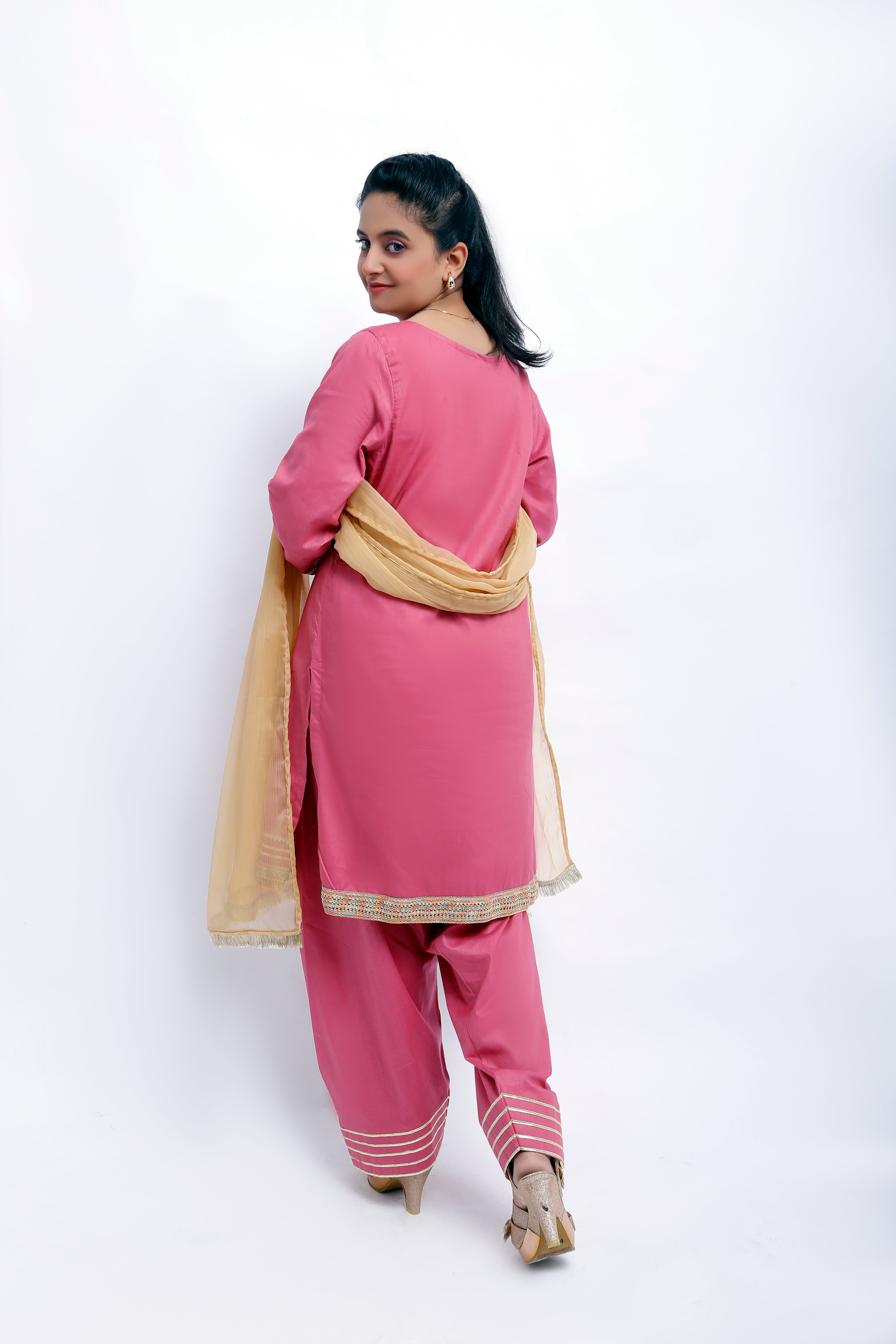 3 piece T-Pink Cotton Farshi Shalwar Kameez Suit with Multicolor & Golden Laces & Golden Chiffon Dupatta. (Stitch)