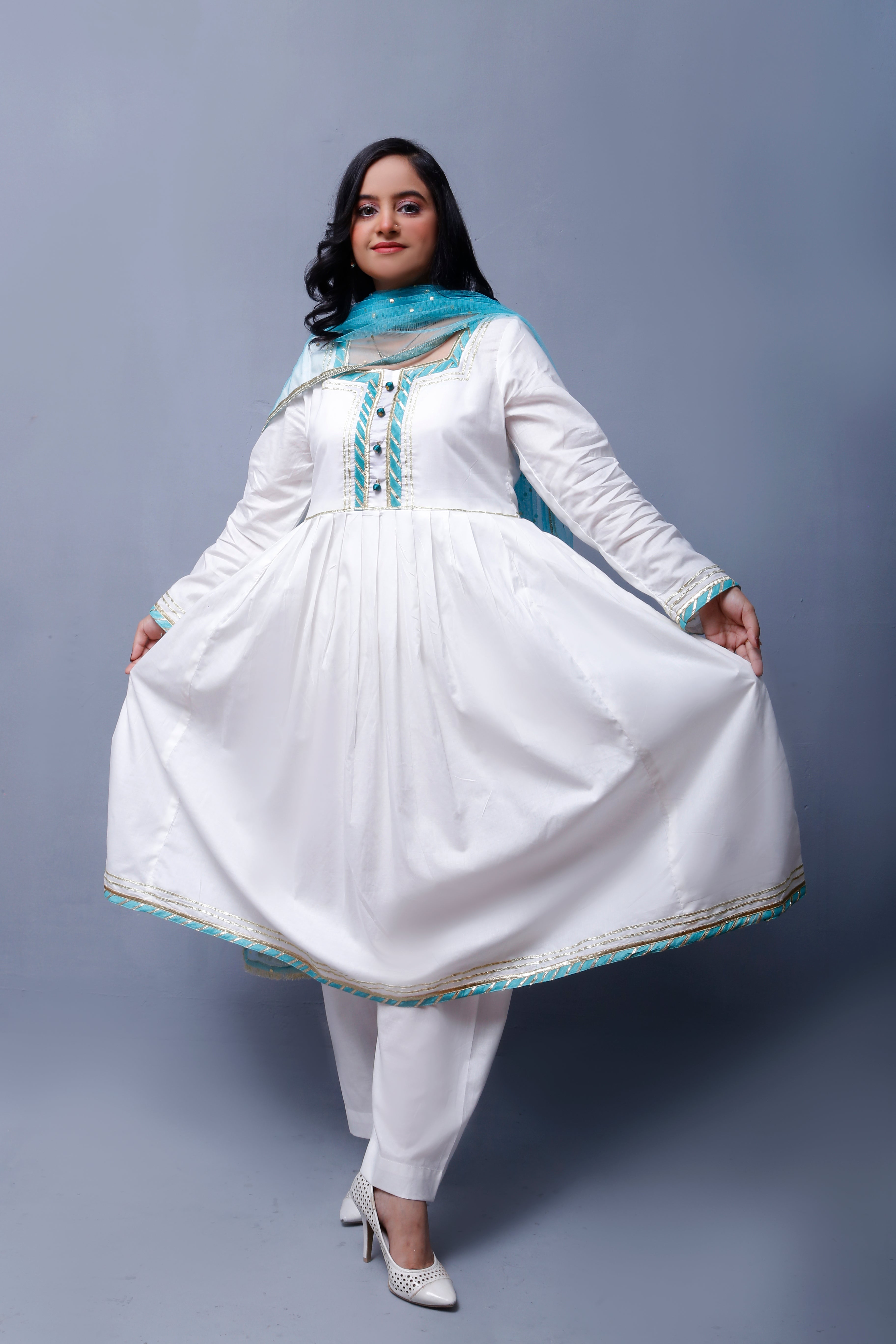 3 piece beautiful White Frock Cotton Suit with Cyan(Aqua Green) Laces & Cyan(Aqua Green) Chan net Dupatta (Stitch).