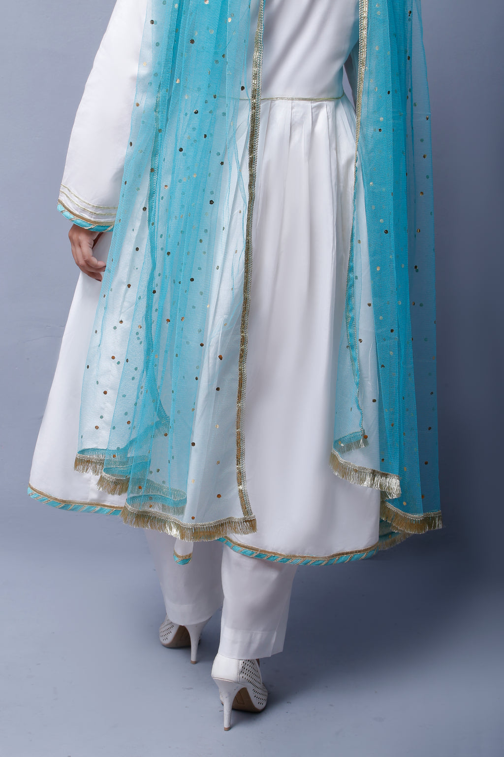 3 piece beautiful White Frock Cotton Suit with Cyan(Aqua Green) Laces & Cyan(Aqua Green) Chan net Dupatta (Stitch).