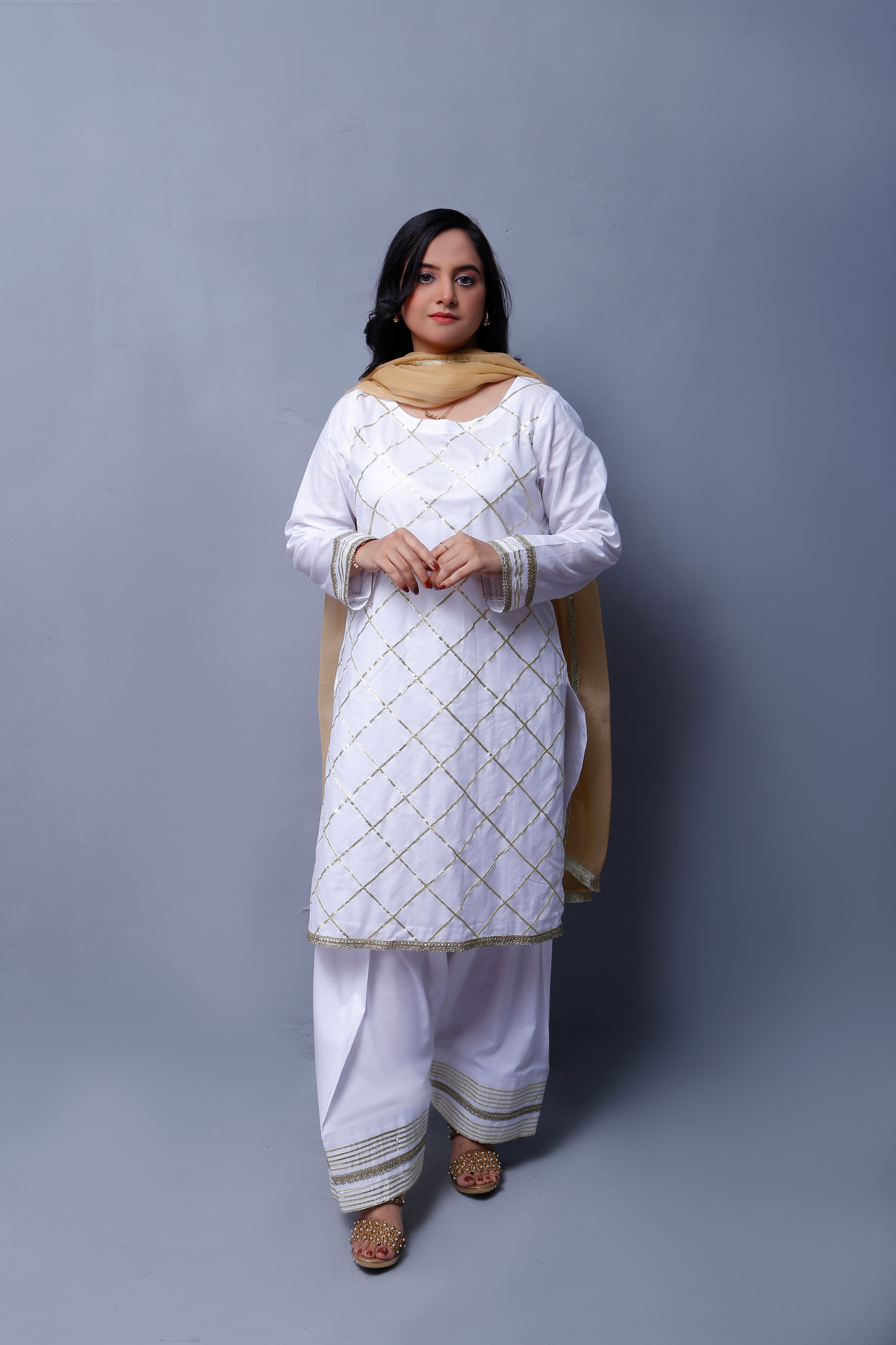3 piece Elegant White Cotton Farshi Shalwar Kameez Suit with Golden Laces & Golden Chiffon Dupatta.(Stitch)