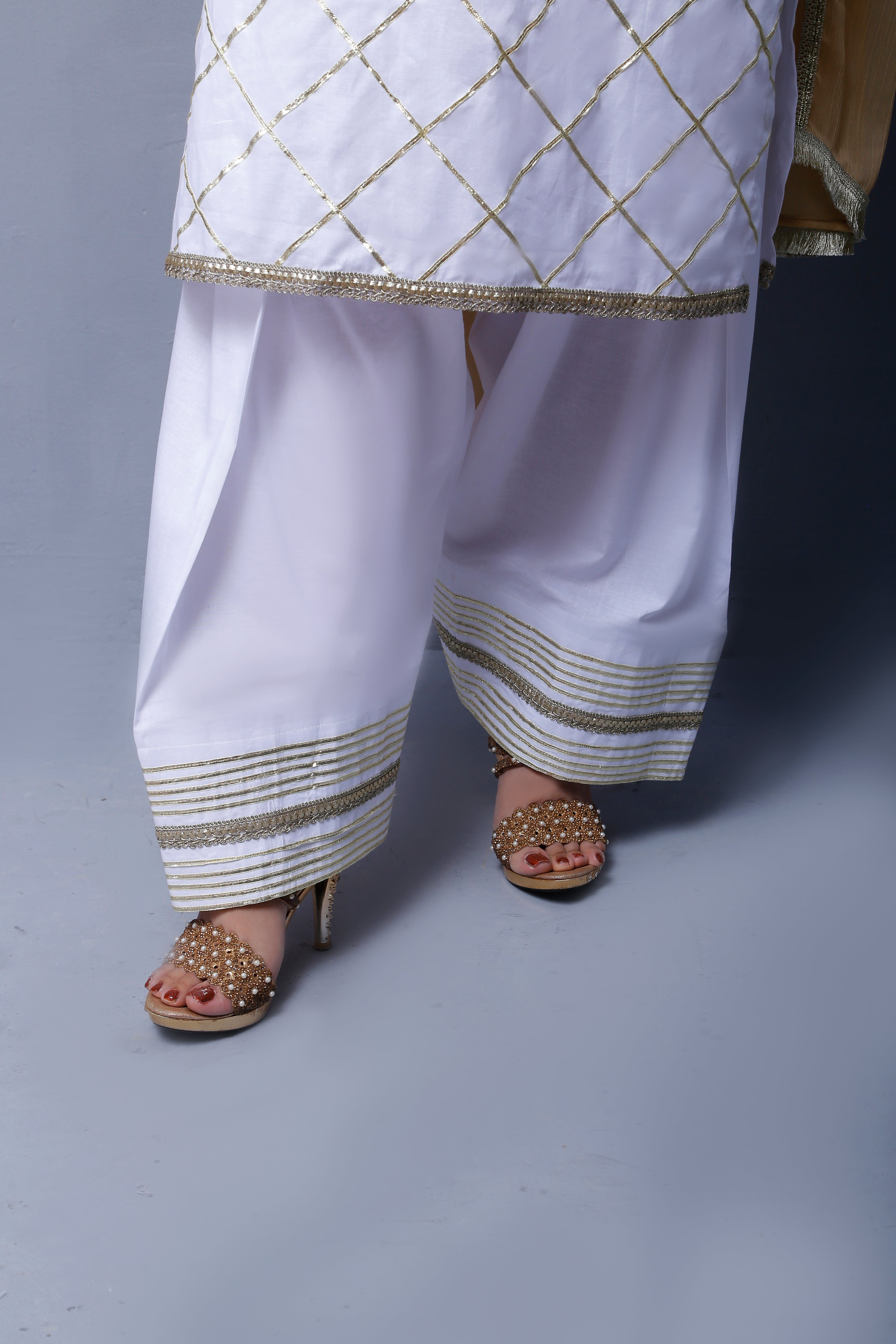 3 piece Elegant White Cotton Farshi Shalwar Kameez Suit with Golden Laces & Golden Chiffon Dupatta.(Stitch)