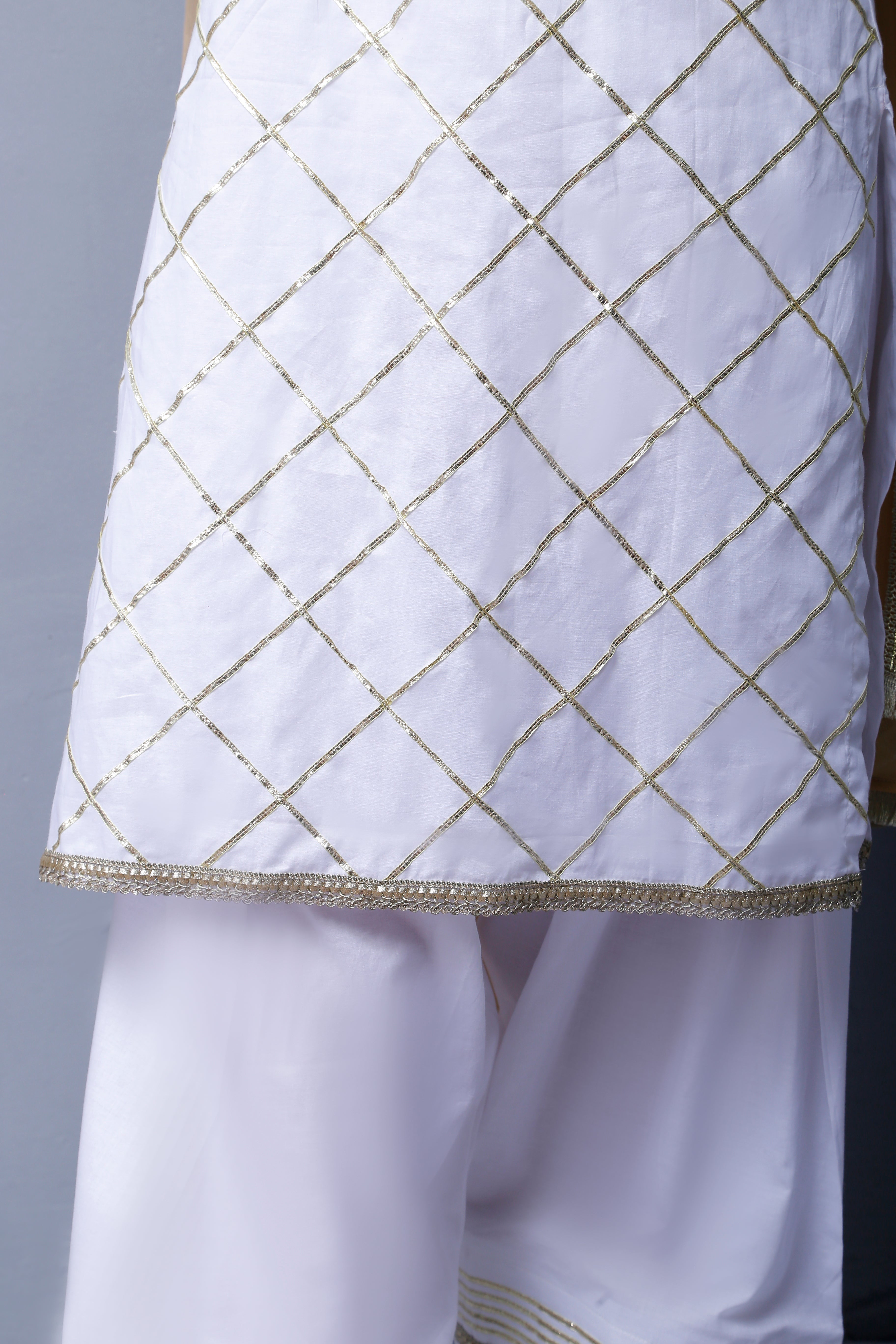 3 piece Elegant White Cotton Farshi Shalwar Kameez Suit with Golden Laces & Golden Chiffon Dupatta.(Stitch)