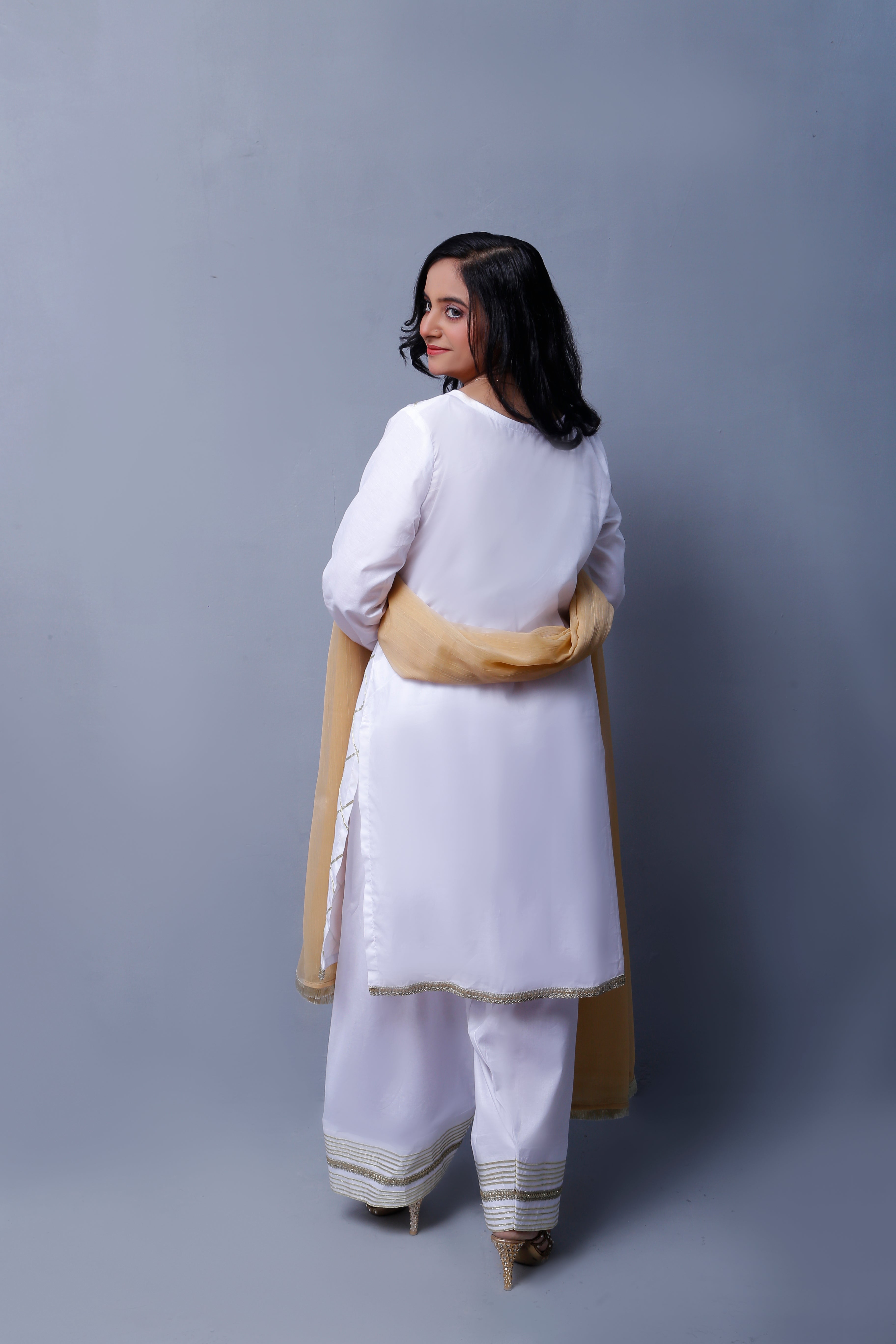 3 piece Elegant White Cotton Farshi Shalwar Kameez Suit with Golden Laces & Golden Chiffon Dupatta.(Stitch)