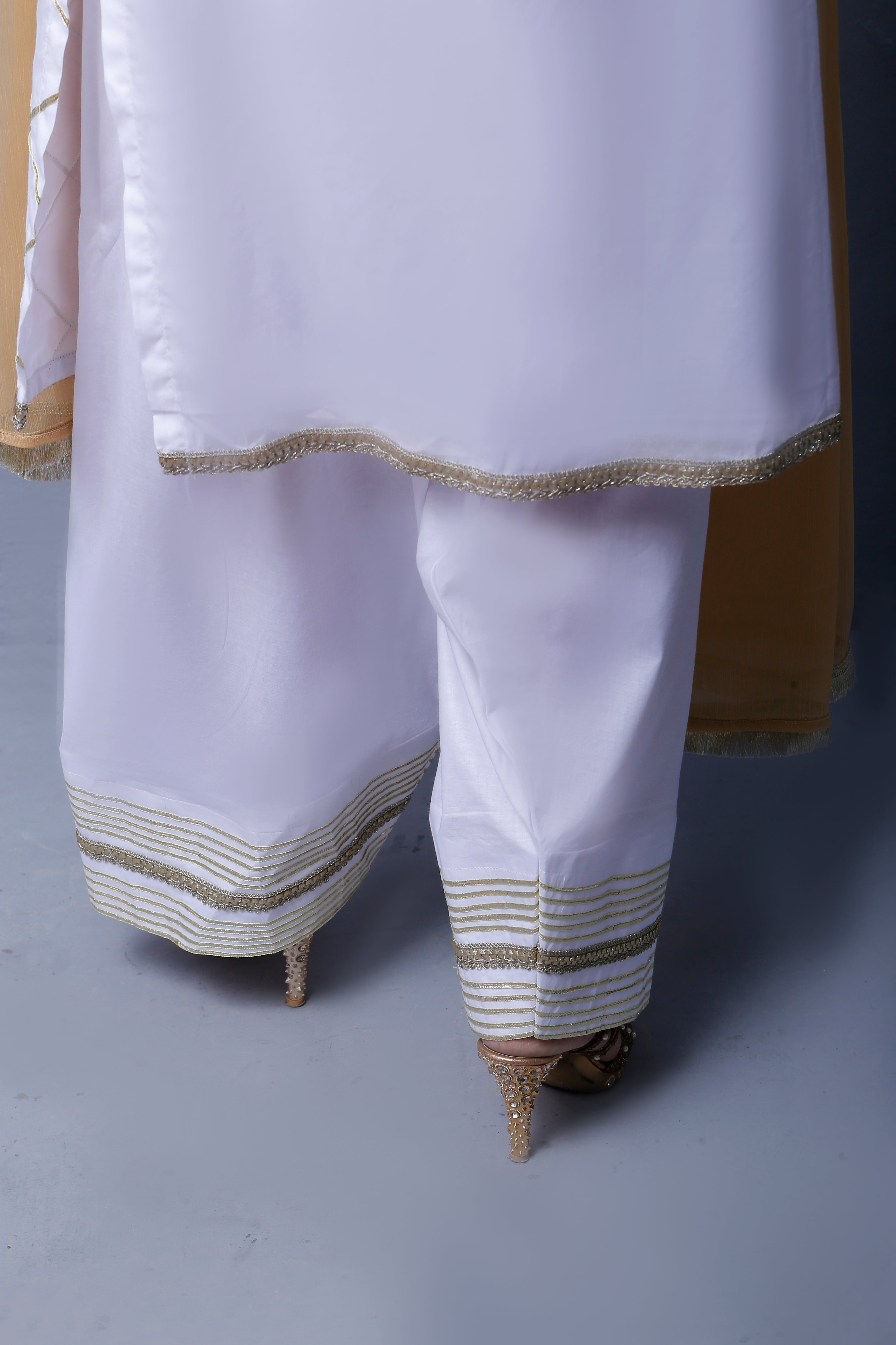 3 piece Elegant White Cotton Farshi Shalwar Kameez Suit with Golden Laces & Golden Chiffon Dupatta.(Stitch)
