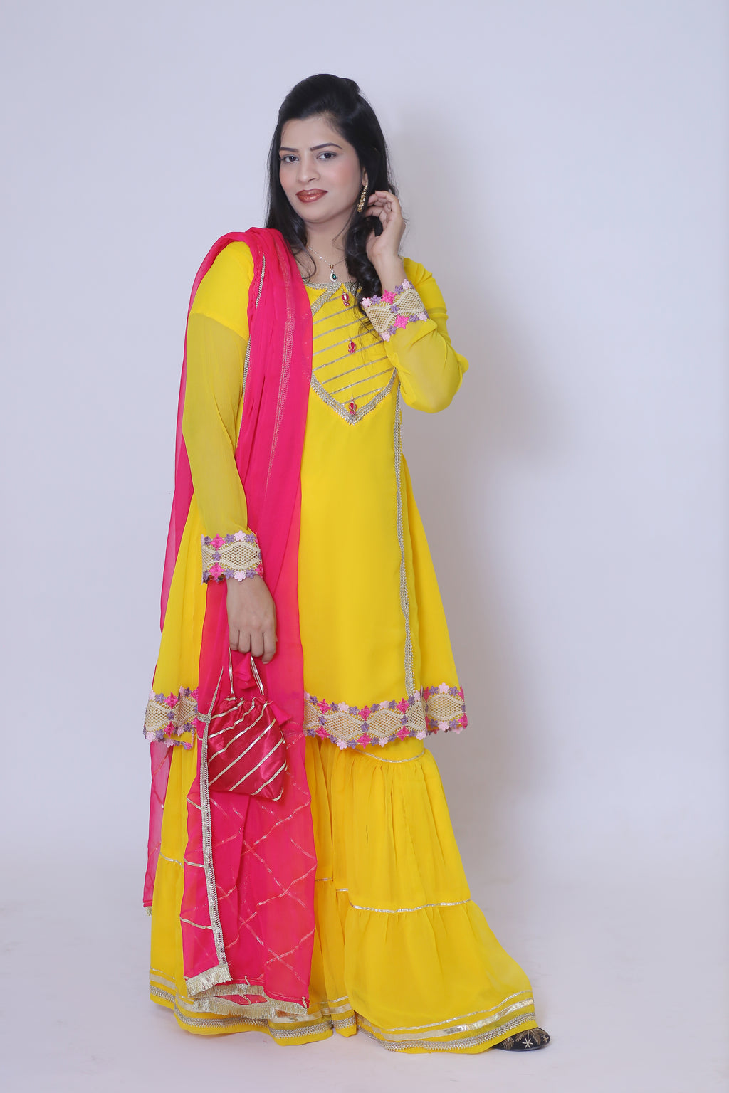 3 piece Beautiful Stunning Yellow Chiffon Gharara Suit with Shocking Pink Chiffon Dupatta & multicolor Laces.(Stitch)