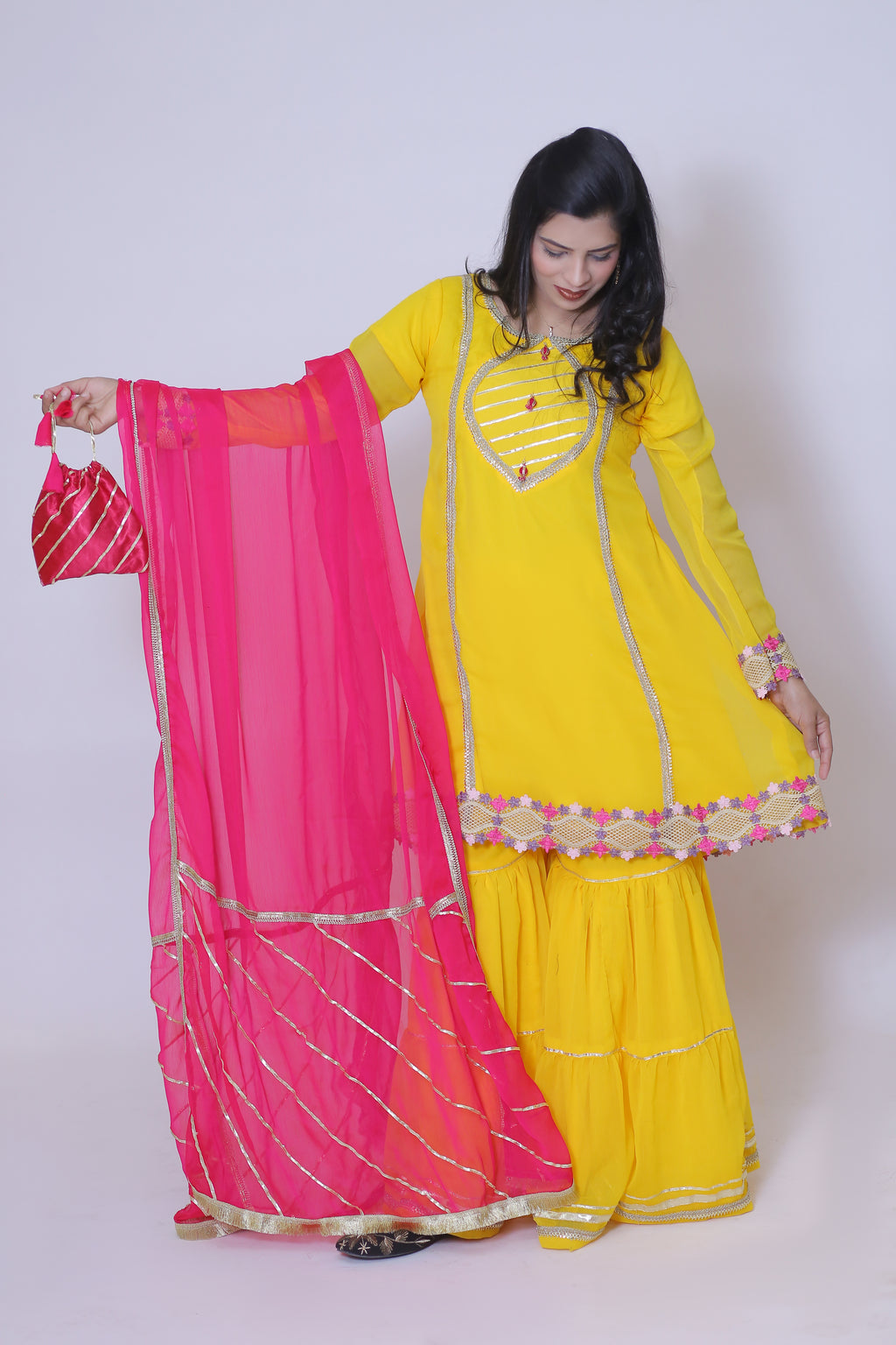 3 piece Beautiful Stunning Yellow Chiffon Gharara Suit with Shocking Pink Chiffon Dupatta & multicolor Laces.(Stitch)