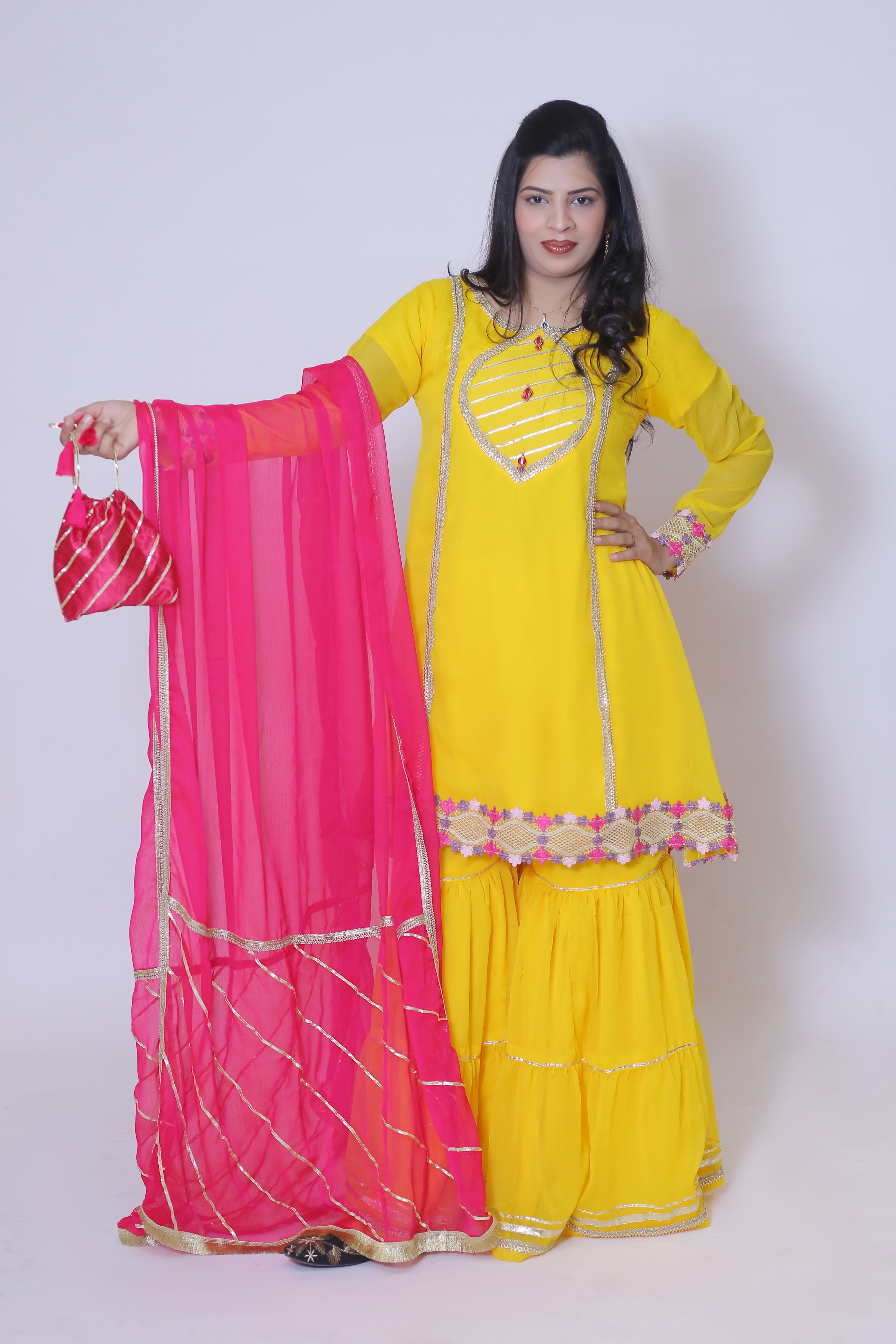 3 piece Beautiful Stunning Yellow Chiffon Gharara Suit with Shocking Pink Chiffon Dupatta & multicolor Laces.(Stitch)