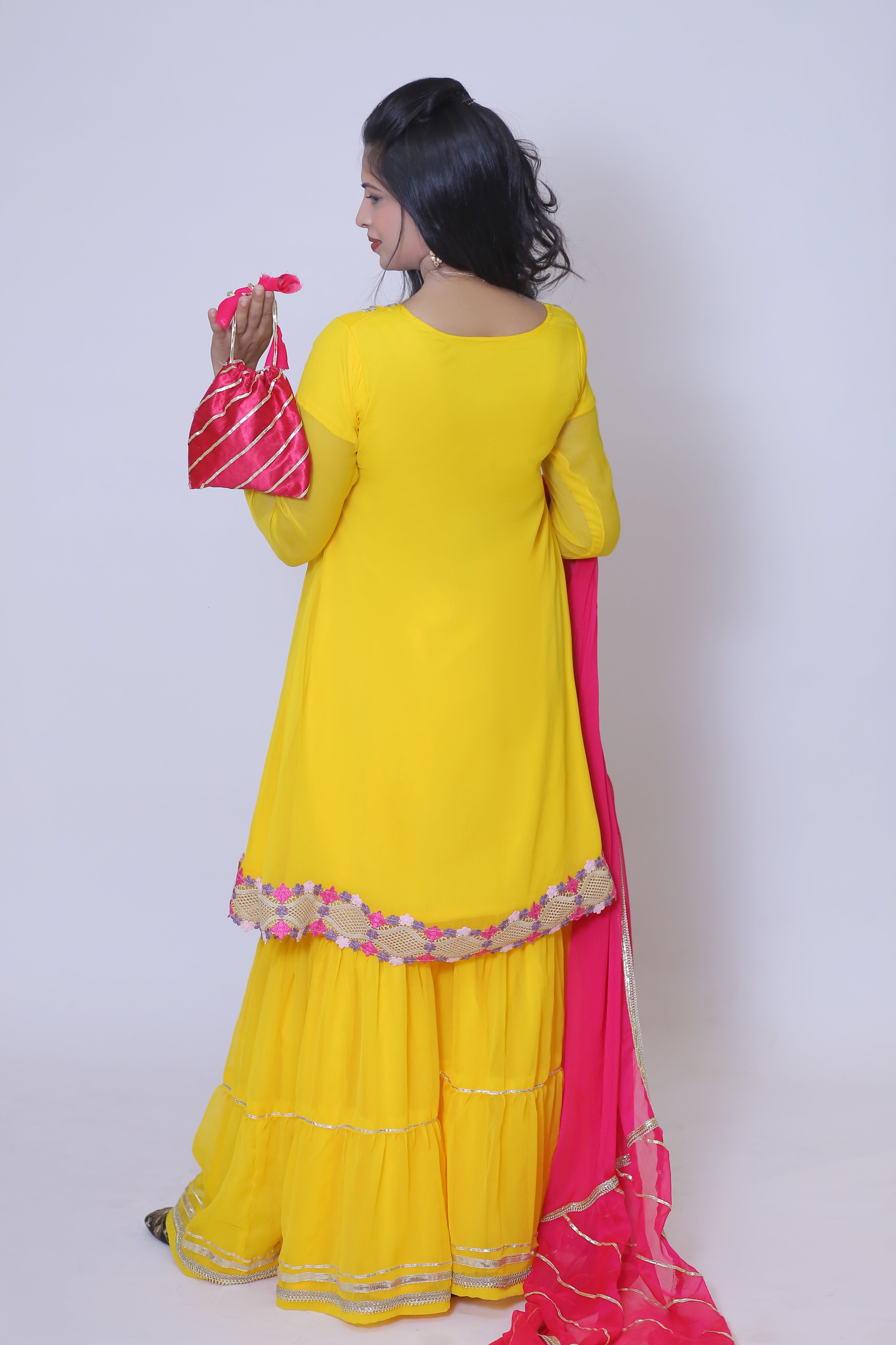 3 piece Beautiful Stunning Yellow Chiffon Gharara Suit with Shocking Pink Chiffon Dupatta & multicolor Laces.(Stitch)