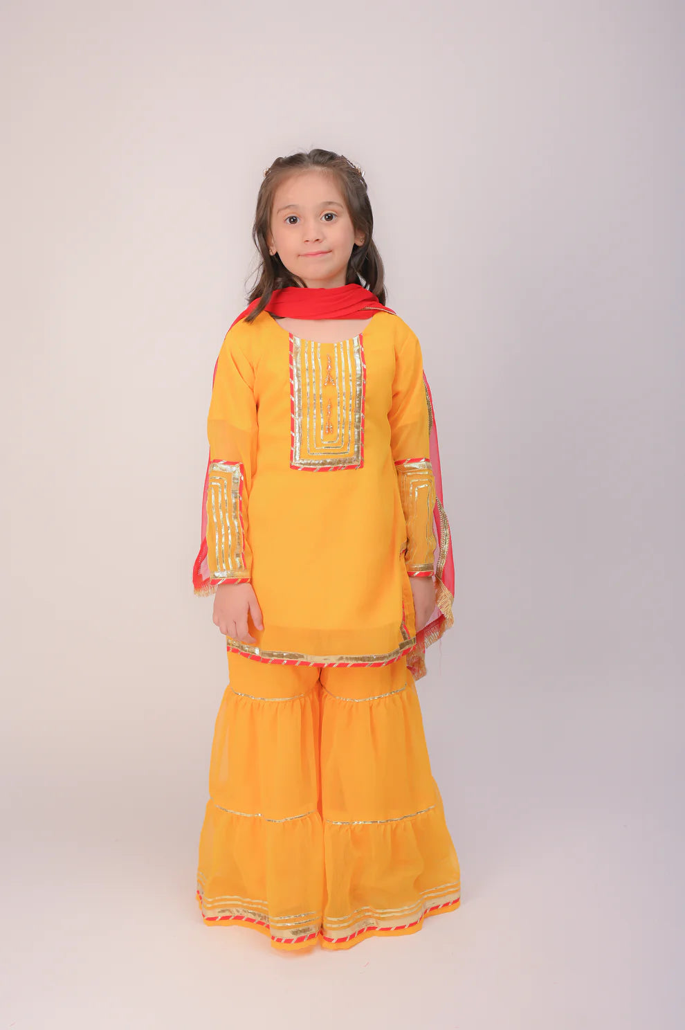 3 piece Yellow Chiffon Gharara Suit with Red Chiffon Dupatta with Laces.(Stitch).