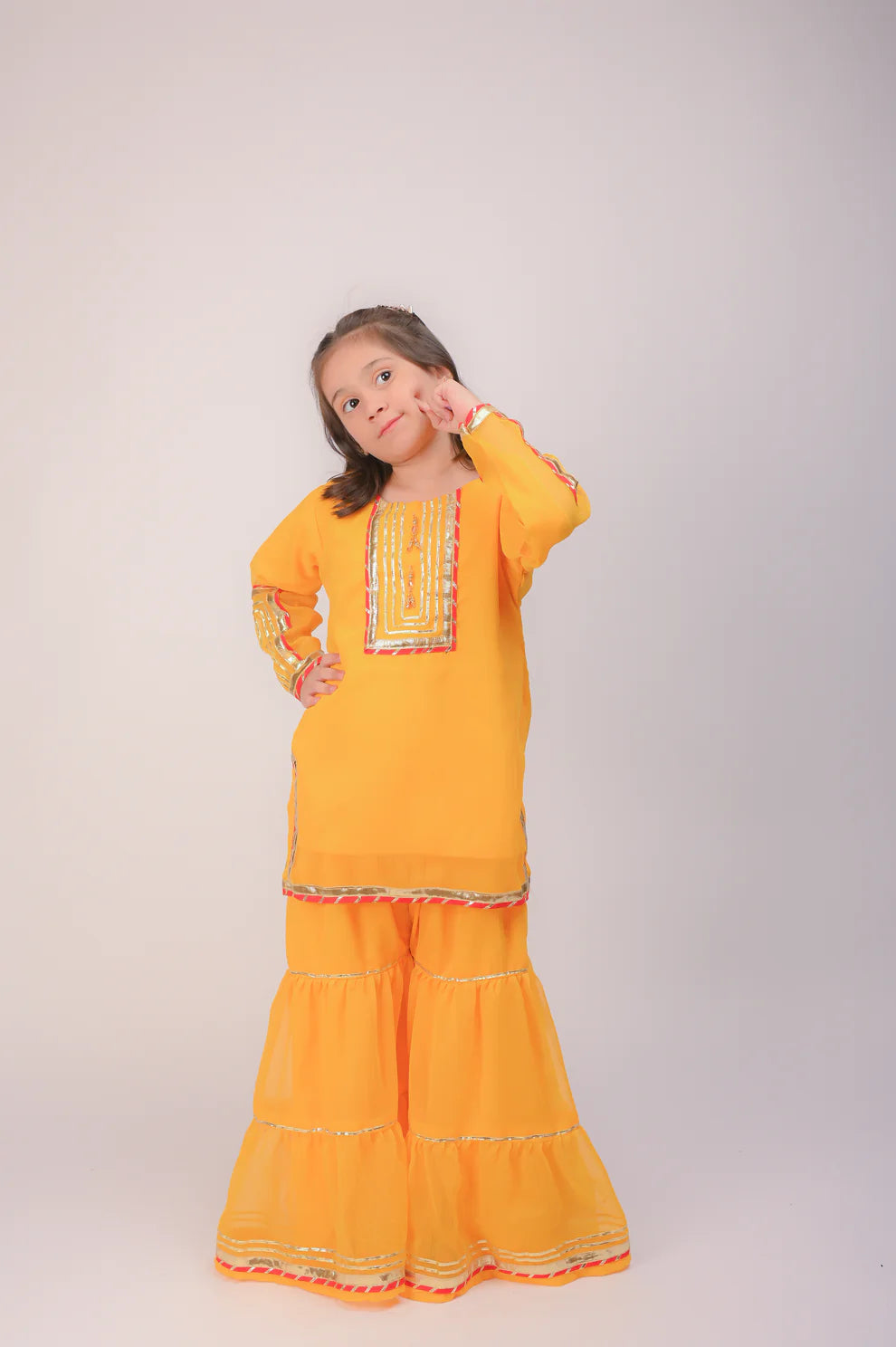 3 piece Yellow Chiffon Gharara Suit with Red Chiffon Dupatta with Laces.(Stitch).