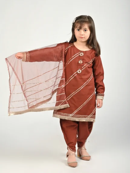 3 piece beautiful BROWN Cotton Tulip Suit with Brown net Dupatta & Laces.