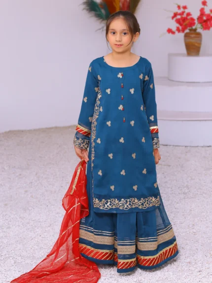 3 piece Peacock Embroidered Chiffon Long Shirt Lehenga Suit With Reddish Maroon Chiffon Dupatta & Golden Laces.(Stitch)