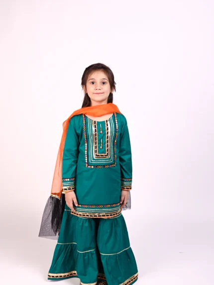 3 piece Sea Green Cotton Gharara Suit with Orange & Black frill net Dupatta & Multicolor mirror Laces.(Stitch)