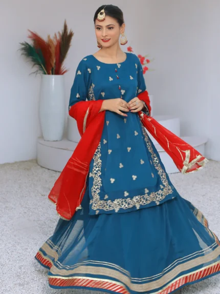 3 piece Peacock Embroidered Chiffon Long Shirt Lehenga Suit With Reddish Maroon Chiffon Dupatta & Golden Laces.(Stitch)