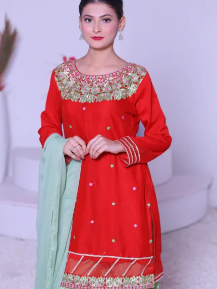 3 piece Beautiful Reddish Maroon Chiffon Embroidery Gharara Suit with Pistachio Green Embroidery Crush Gharara & Pistachio Green Chiffon Dupatta & Golden Laces.(Stitch).
