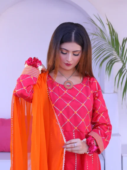 3 piece Shocking Pink Silver Embroidery Raw Silk Frock Suit with Dull Silk Trouser & Orange Chiffon Dupatta & Silver Laces.(Stitch)